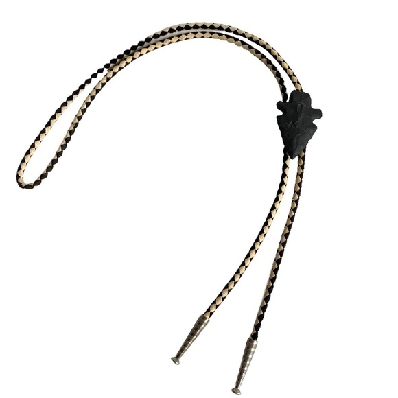 Vintage Arrowhead Bolo Tie Western Black Stone Arrow Head Cord Rockabilly Mens - Picture 3 of 9